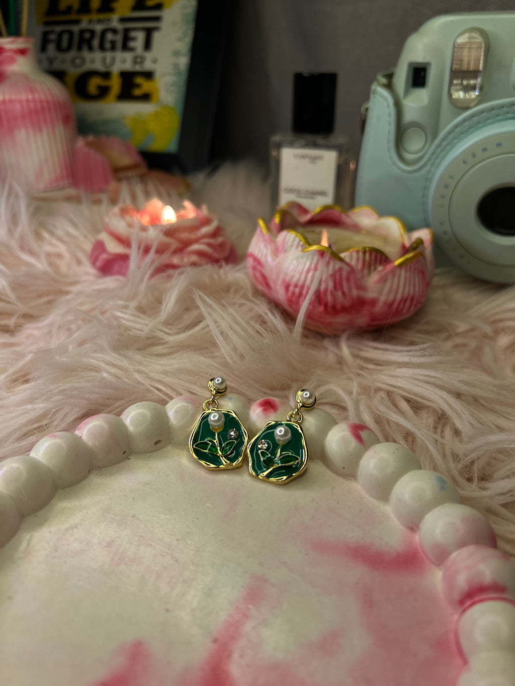 Green Pearl Drop Earrings