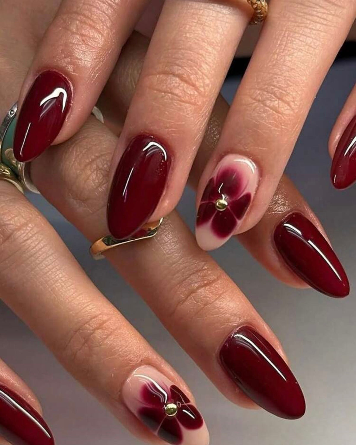 Burgundy Floral Press-On Nails