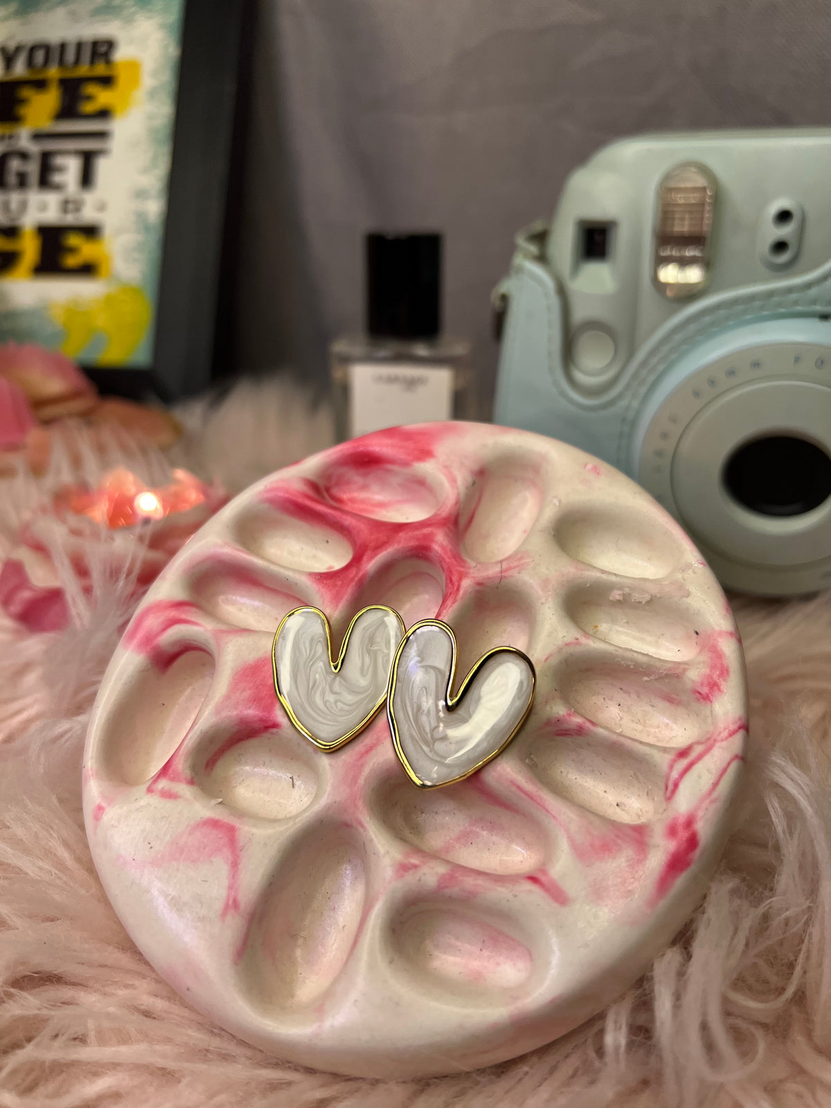 White Marble Heart Stud Earrings