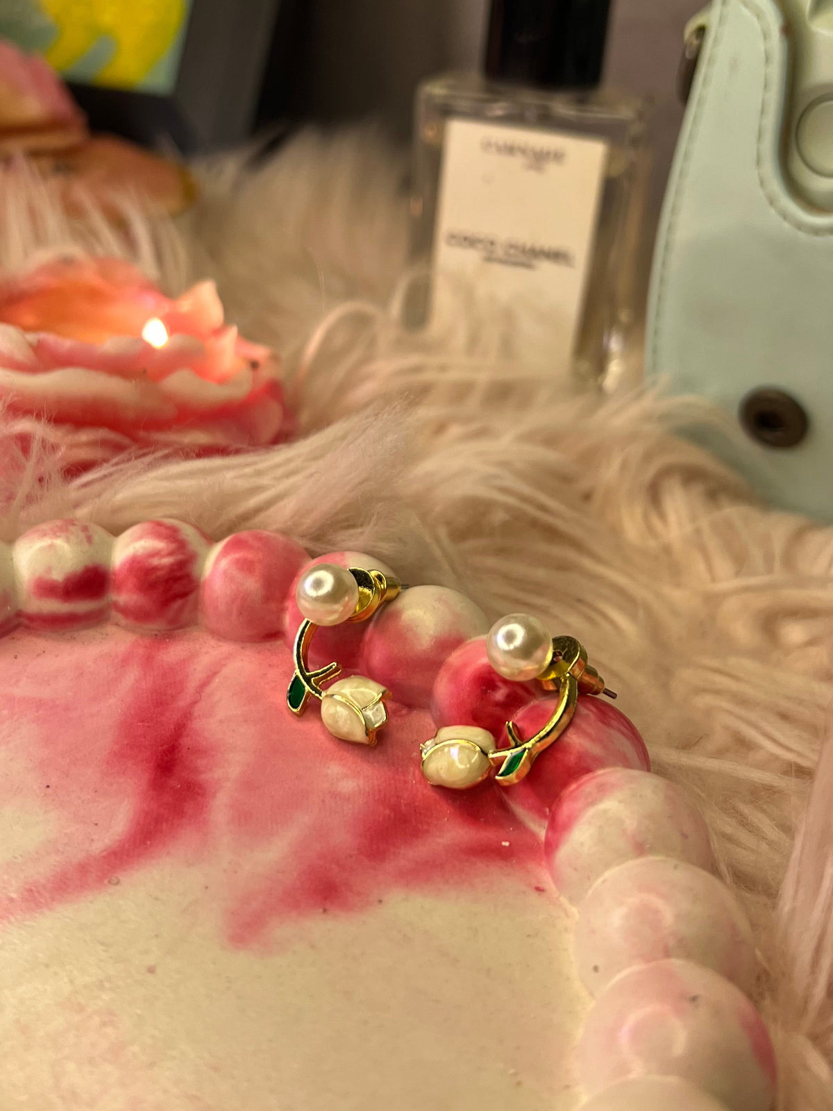 White Rosebud Hoop Earrings