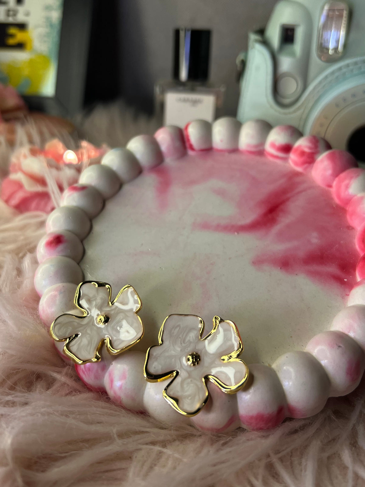 White Marble Floral Stud Earrings