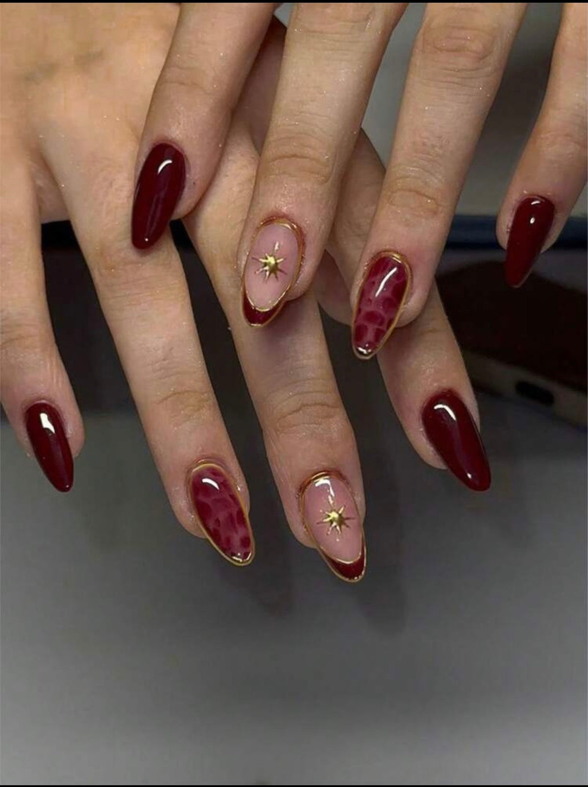 Ruby Gold-Trim Press-On Nails